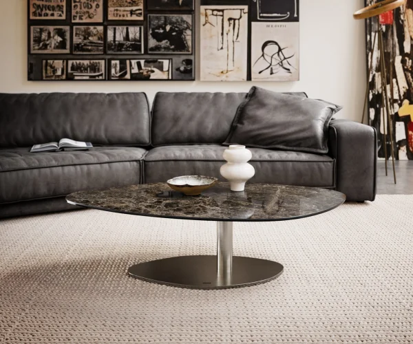 Table basse Edge Organique 140x76 cm céramique Laminam® Emperador Extra Lucidato brun foncé Vibany acier inoxydable brossé