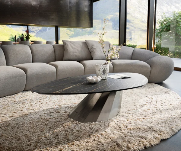 Table basse Edge Organique 140x76 cm céramique Laminam® Noir Desir brun Parabi argent métallique