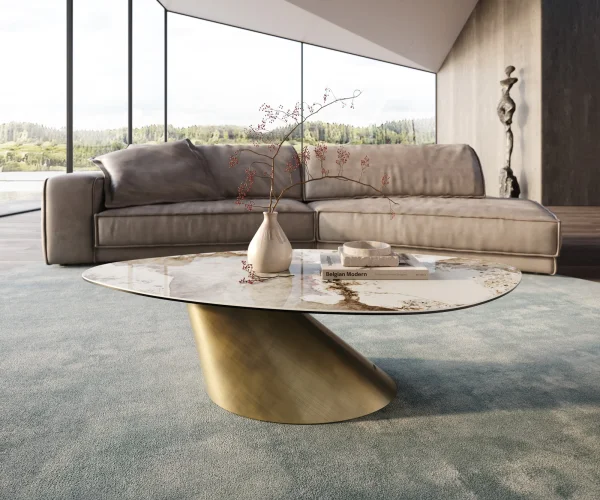 Table basse Edge Organique 140x76 cm céramique Minas Melange Conis doré métallique