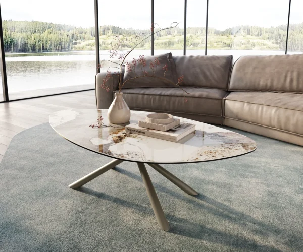 Table basse Edge Organique 140x76 cm céramique Minas Melange Sarity Metall finition effet titane