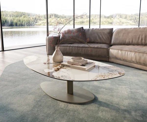 Table basse Edge Organique 140x76 cm céramique Minas Melange Vibany Metall finition effet titane