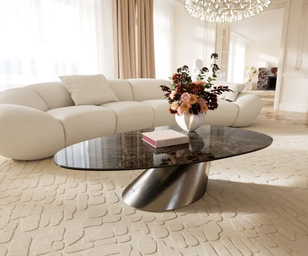 Table basse Edge Oval 140x75 cm céramique Laminam® Emperador Extra Lucidato brun foncé Conis acier inoxydable brossé