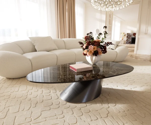 Table basse Edge Oval 140x75 cm céramique Laminam® Emperador Extra Lucidato brun foncé Conis argent métallique
