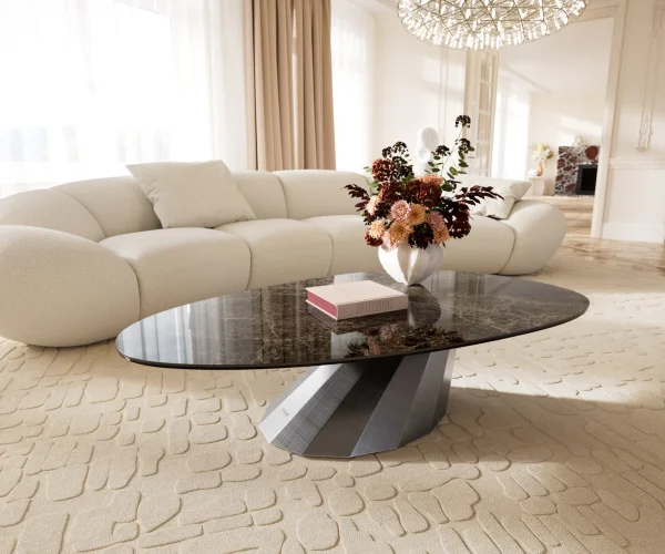 Table basse Edge Oval 140x75 cm céramique Laminam® Emperador Extra Lucidato brun foncé Parabi argent métallique