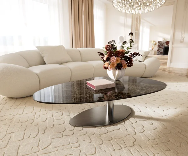 Table basse Edge Oval 140x75 cm céramique Laminam® Emperador Extra Lucidato brun foncé Vibany acier inoxydable brossé