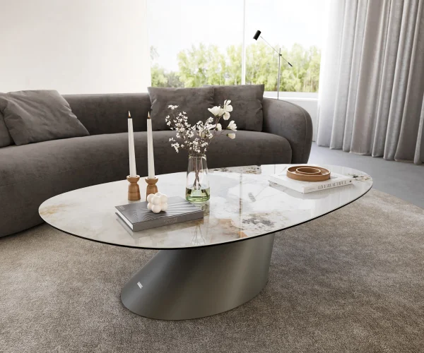 Table basse Edge Oval 140x75 cm céramique Minas Melange Conis Metall finition effet titane