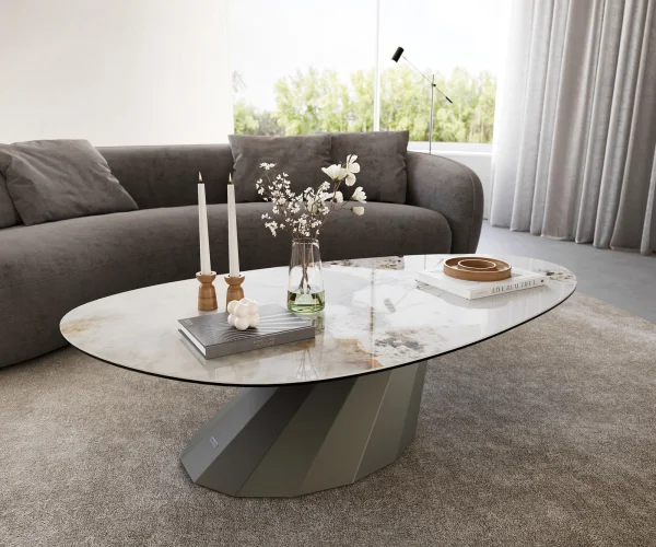 Table basse Edge Oval 140x75 cm céramique Minas Melange Parabi Metall finition effet titane