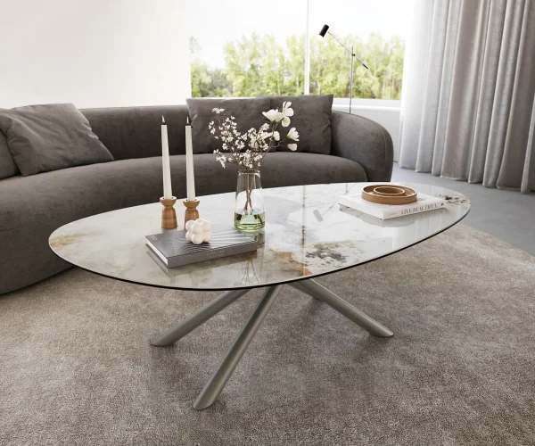 Table basse Edge Oval 140x75 cm céramique Minas Melange Sarity Metall finition effet titane