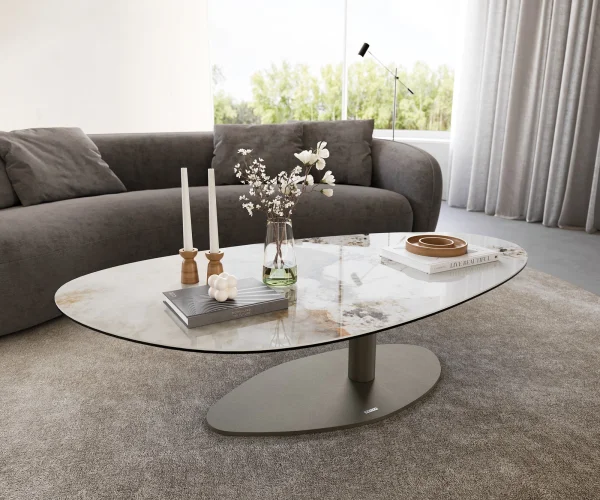 Table basse Edge Oval 140x75 cm céramique Minas Melange Vibany Metall finition effet titane