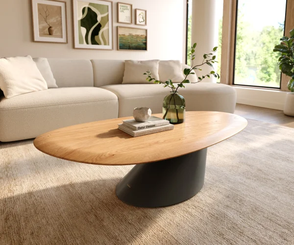 Table basse Edge Oval 140x75 cm chêne naturel bord arrondi Conis métal noir