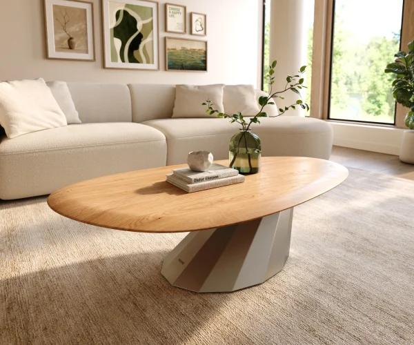 Table basse Edge Oval 140x75 cm chêne naturel bord arrondi Parabi acier inoxydable brossé