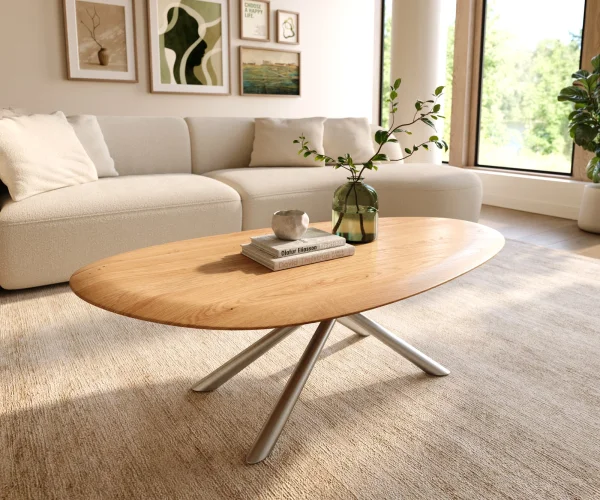 Table basse Edge Oval 140x75 cm chêne naturel bord arrondi Sarity acier inoxydable brossé