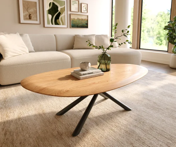 Table basse Edge Oval 140x75 cm chêne naturel bord arrondi Sarity métal noir