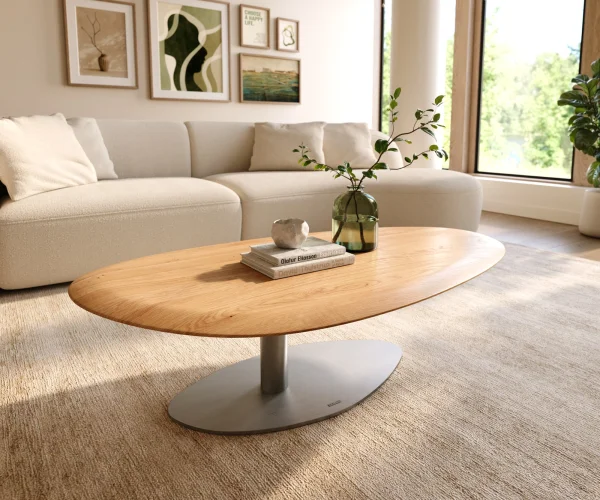 Table basse Edge Oval 140x75 cm chêne naturel bord arrondi Vibany acier inoxydable brossé