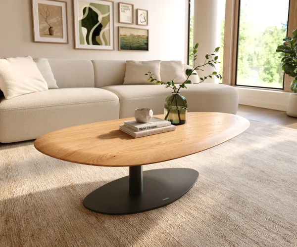 Table basse Edge Oval 140x75 cm chêne naturel bord arrondi Vibany métal noir