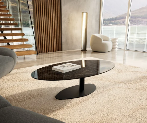 Table basse Edge Oval 140x80 cm céramique Laminam® Emperador Extra Lucidato brun foncé Vibany métal noir