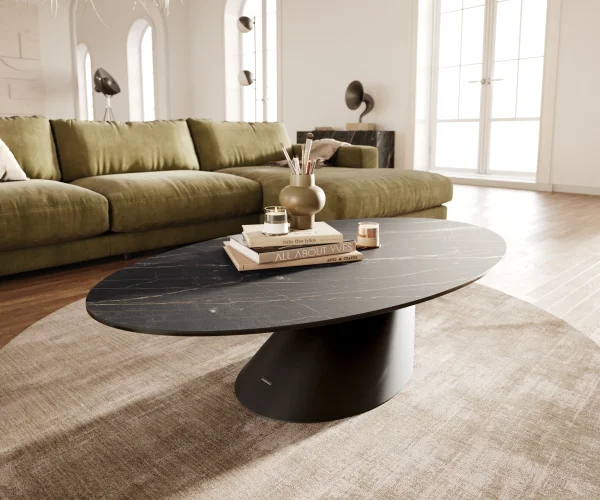 Table basse Edge Oval 140x80 cm céramique Laminam® Noir Desir brun Conis métal noir