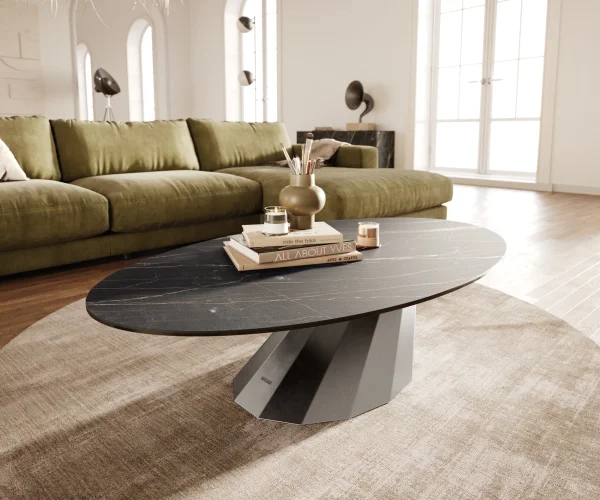 Table basse Edge Oval 140x80 cm céramique Laminam® Noir Desir brun Parabi acier inoxydable brossé