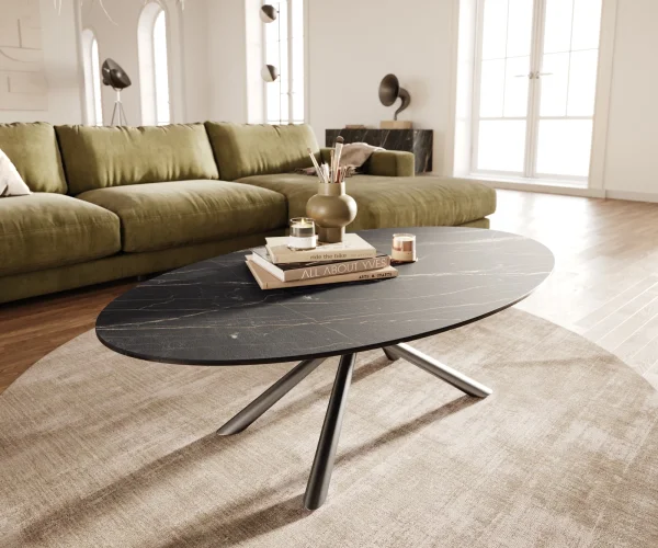 Table basse Edge Oval 140x80 cm céramique Laminam® Noir Desir brun Sarity acier inoxydable brossé
