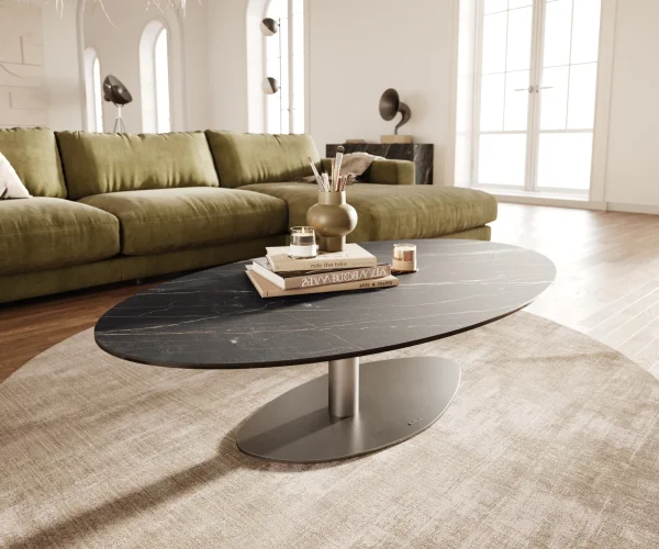Table basse Edge Oval 140x80 cm céramique Laminam® Noir Desir brun Vibany acier inoxydable brossé