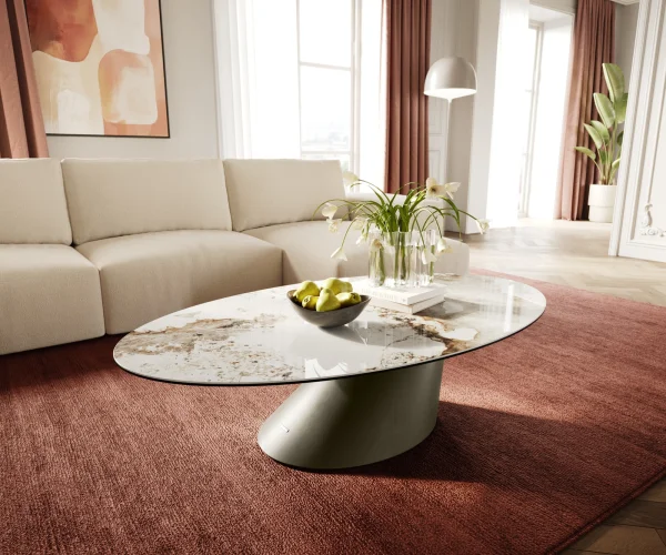 Table basse Edge Oval 140x80 cm céramique Minas Melange Conis Metall finition effet titane