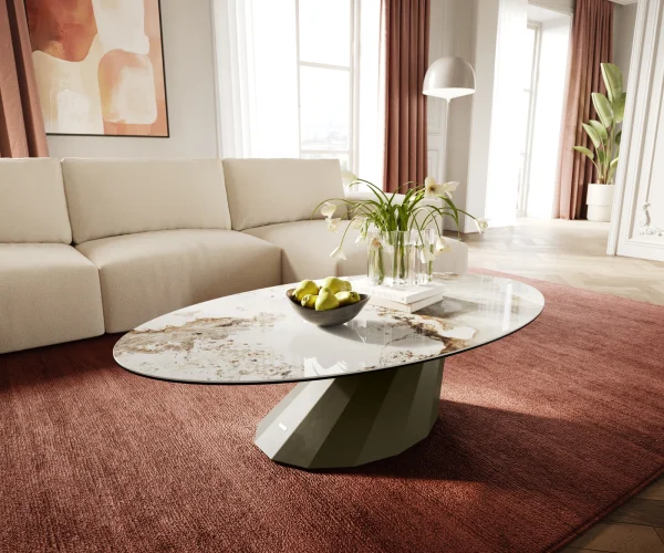 Table basse Edge Oval 140x80 cm céramique Minas Melange Parabi Metall finition effet titane