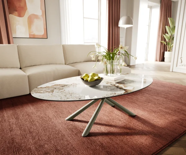 Table basse Edge Oval 140x80 cm céramique Minas Melange Sarity Metall finition effet titane