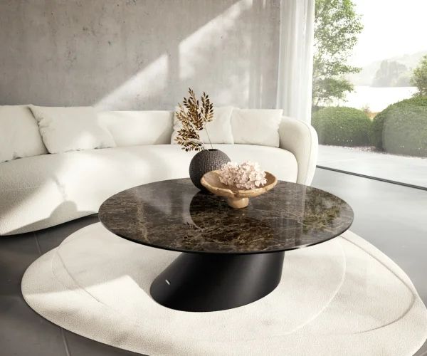 Table basse Edge rond 100x100 cm céramique Laminam® Emperador Extra Lucidato brun foncé Conis métal noir