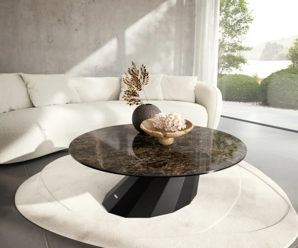 Table basse Edge rond 100x100 cm céramique Laminam® Emperador Extra Lucidato brun foncé Parabi métal noir