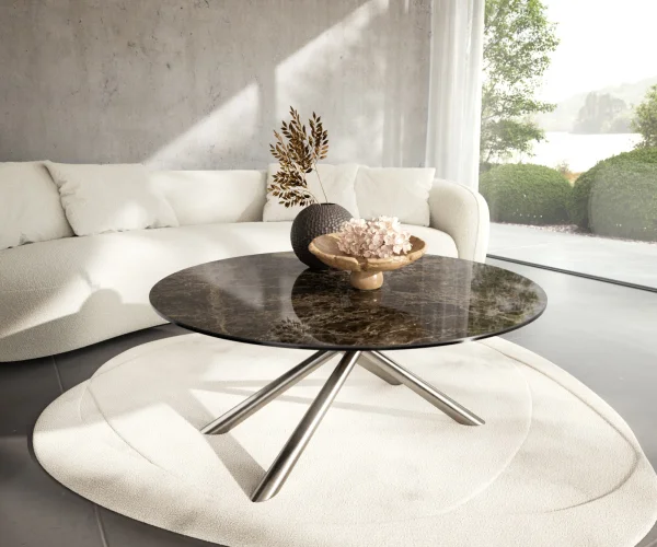 Table basse Edge rond 100x100 cm céramique Laminam® Emperador Extra Lucidato brun foncé Sarity acier inoxydable brossé