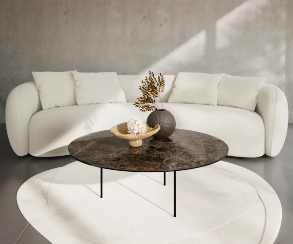 Table basse Edge rond 100x100 cm céramique Laminam® Emperador Extra Lucidato brun foncé Trive métal noir