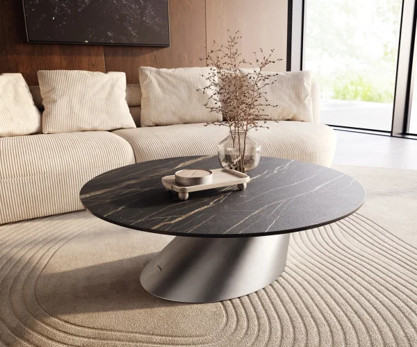 Table basse Edge rond 100x100 cm céramique Laminam® Noir Desir brun Conis acier inoxydable brossé