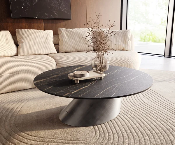 Table basse Edge rond 100x100 cm céramique Laminam® Noir Desir brun Conis argent métallique