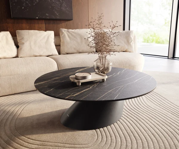 Table basse Edge rond 100x100 cm céramique Laminam® Noir Desir brun Conis métal noir
