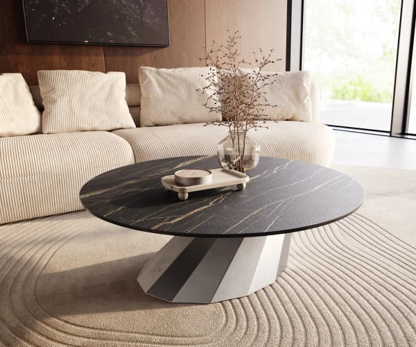 Table basse Edge rond 100x100 cm céramique Laminam® Noir Desir brun Parabi acier inoxydable brossé