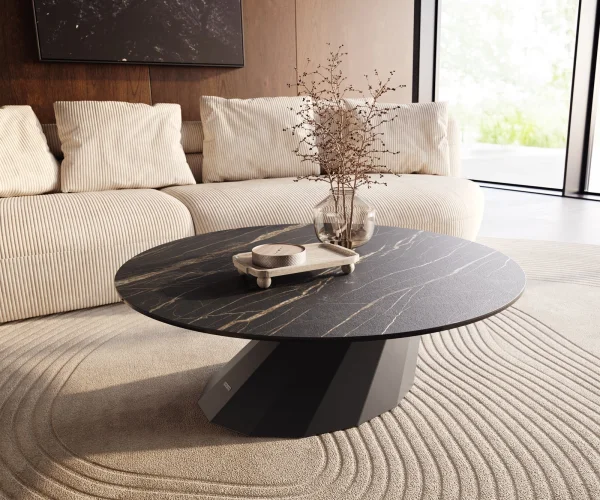 Table basse Edge rond 100x100 cm céramique Laminam® Noir Desir brun Parabi métal noir