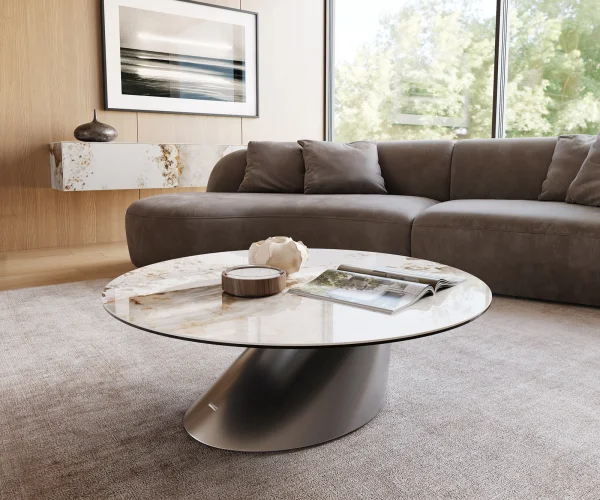Table basse Edge rond 100x100 cm céramique Minas Melange Conis acier inoxydable brossé