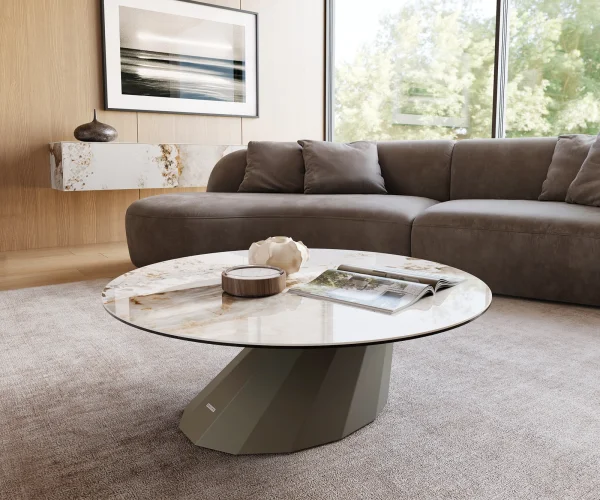 Table basse Edge rond 100x100 cm céramique Minas Melange Parabi Metall finition effet titane