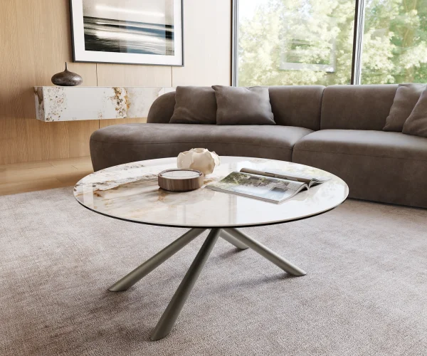Table basse Edge rond 100x100 cm céramique Minas Melange Sarity Metall finition effet titane