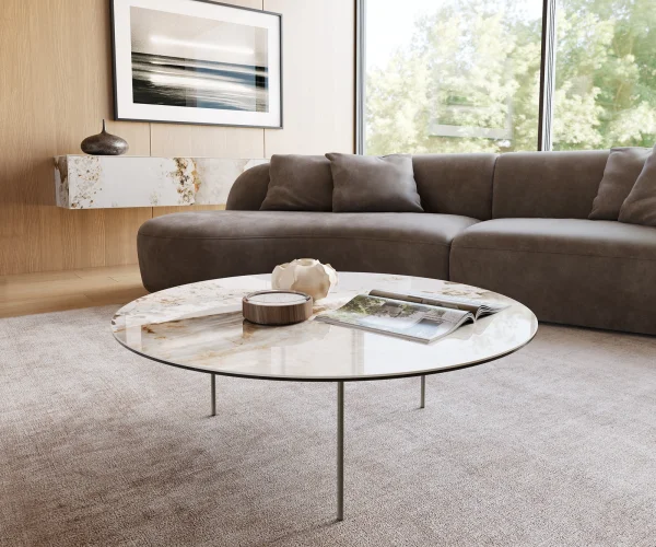 Table basse Edge rond 100x100 cm céramique Minas Melange Trive Metall finition effet titane