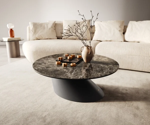 Table basse Edge rond 90x90 cm céramique Laminam® Emperador Extra Lucidato brun foncé Conis métal noir