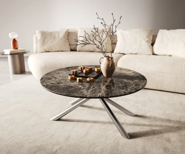 Table basse Edge rond 90x90 cm céramique Laminam® Emperador Extra Lucidato brun foncé Sarity acier inoxydable brossé