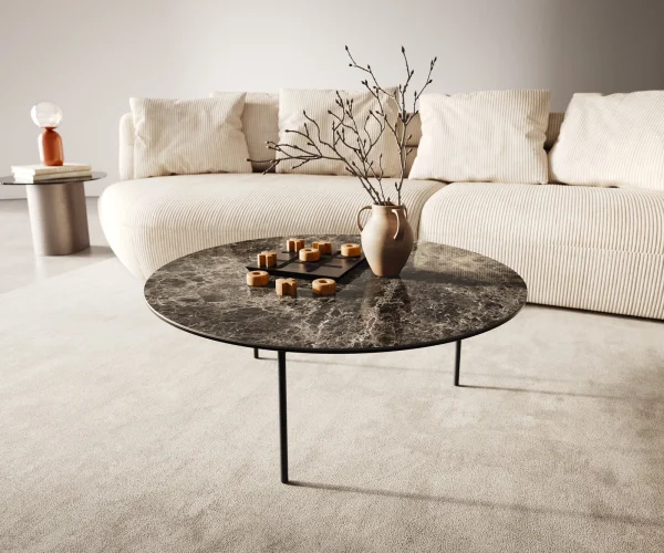 Table basse Edge rond 90x90 cm céramique Laminam® Emperador Extra Lucidato brun foncé Trive métal noir