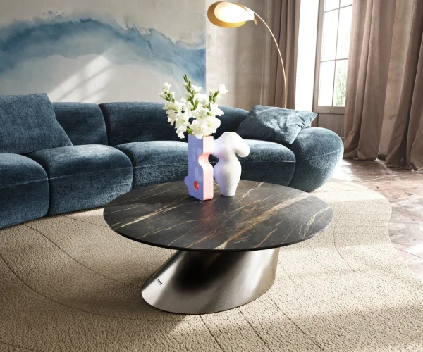 Table basse Edge rond 90x90 cm céramique Laminam® Noir Desir brun Conis acier inoxydable brossé