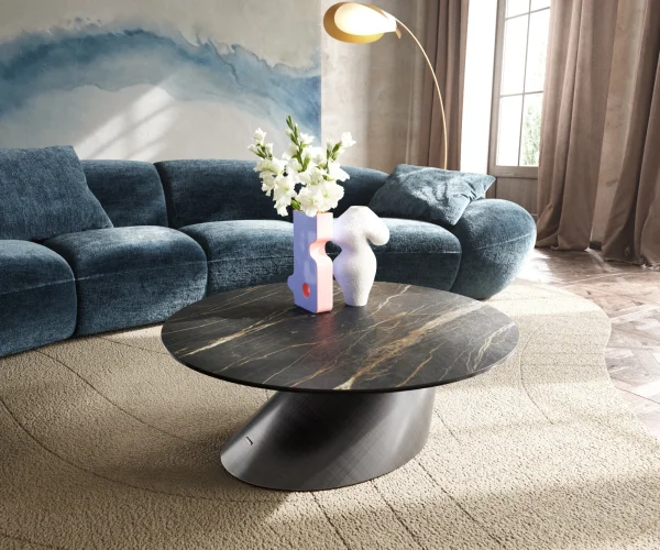 Table basse Edge rond 90x90 cm céramique Laminam® Noir Desir brun Conis argent métallique