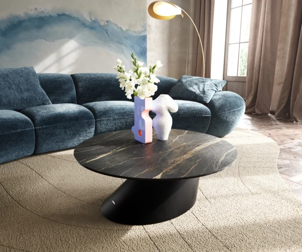 Table basse Edge rond 90x90 cm céramique Laminam® Noir Desir brun Conis métal noir
