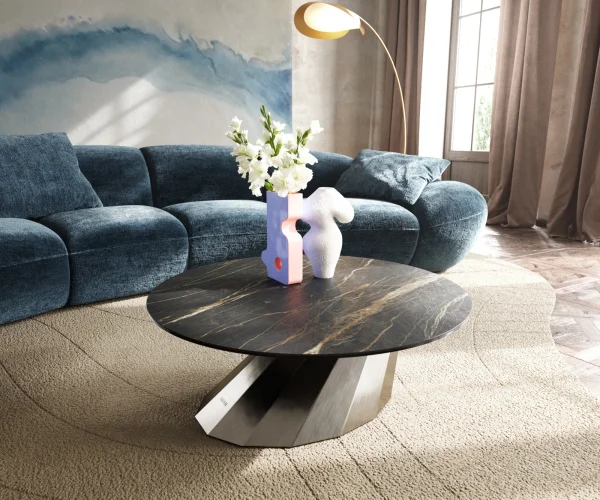 Table basse Edge rond 90x90 cm céramique Laminam® Noir Desir brun Parabi acier inoxydable brossé