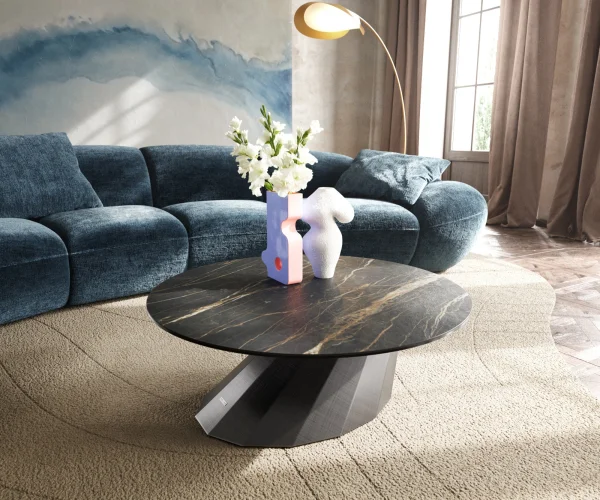 Table basse Edge rond 90x90 cm céramique Laminam® Noir Desir brun Parabi argent métallique