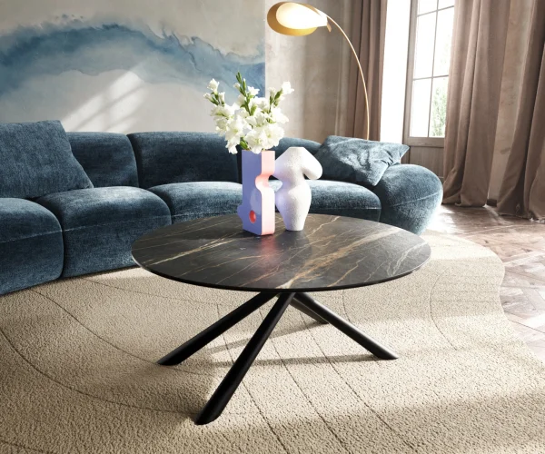 Table basse Edge rond 90x90 cm céramique Laminam® Noir Desir brun Sarity métal noir
