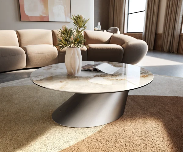 Table basse Edge rond 90x90 cm céramique Minas Melange Conis acier inoxydable brossé